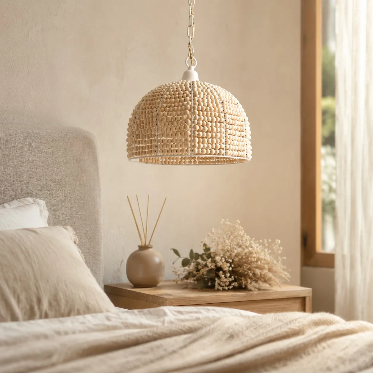 Wood bead pendant light styled in a calm bedroom