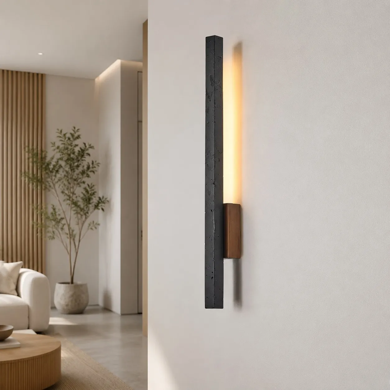 Linear Travertine And Wood LED Wall Light