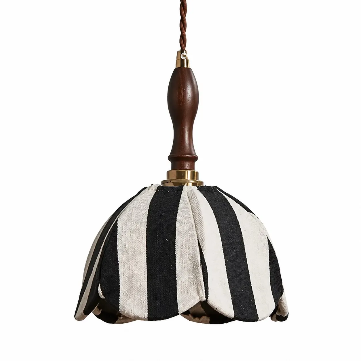 Black and ivory striped fabric pendant lamp with dark wood handle and brass connector