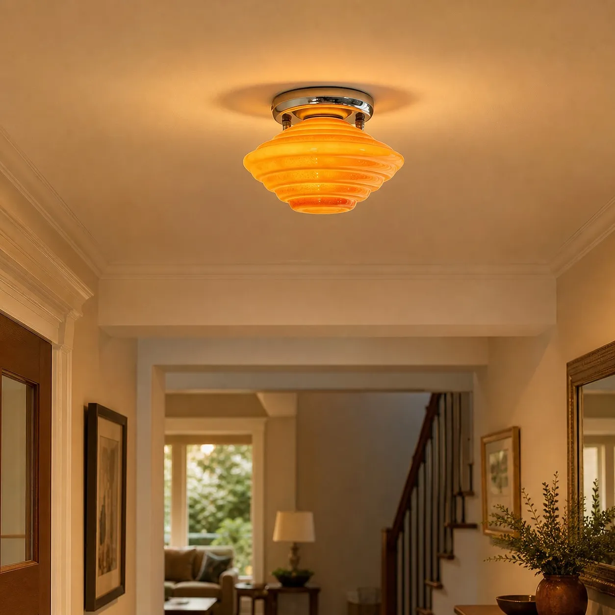 vintage amber glass ceiling light in a warm hallway scene
