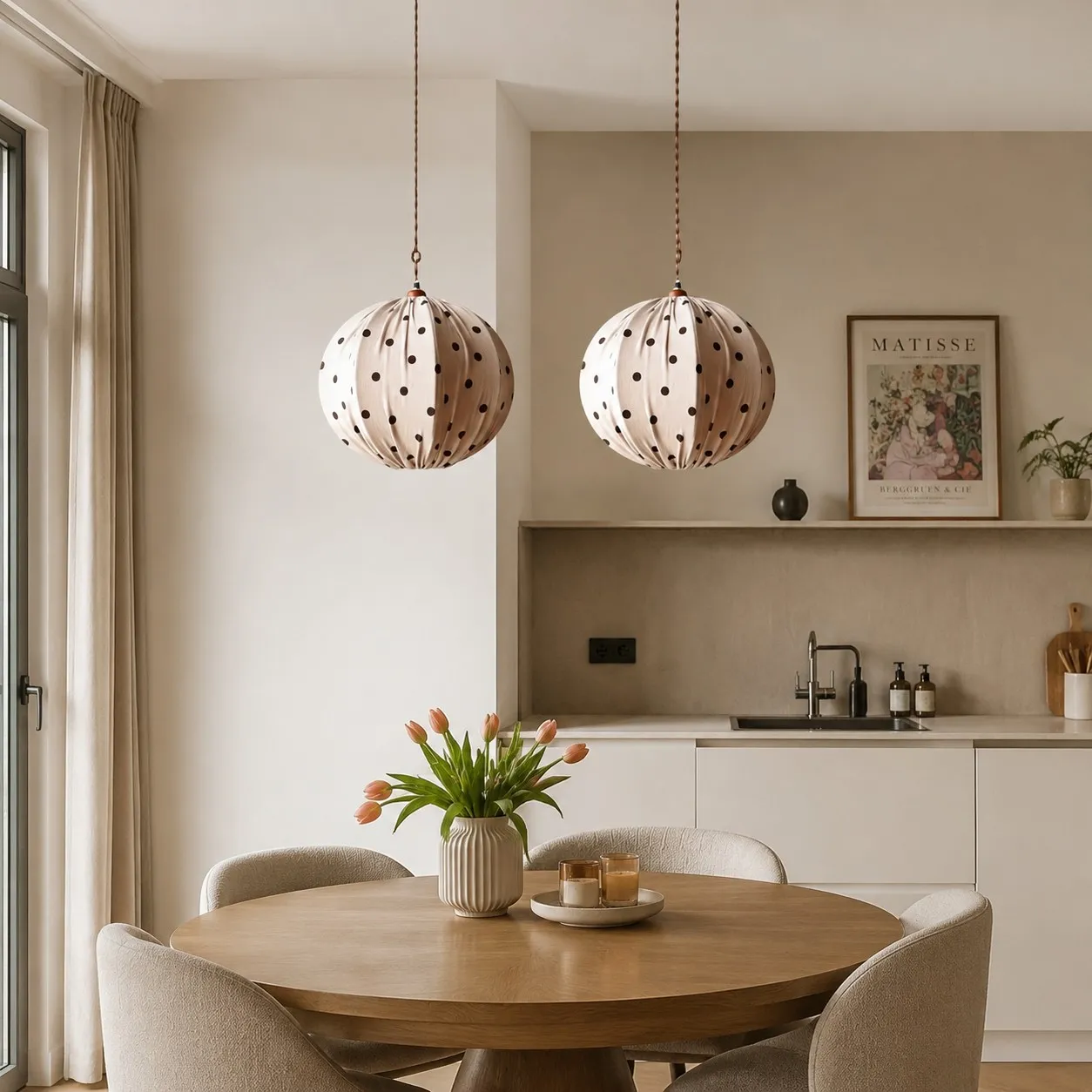 Cream polka dot pendant lamps over a round dining table