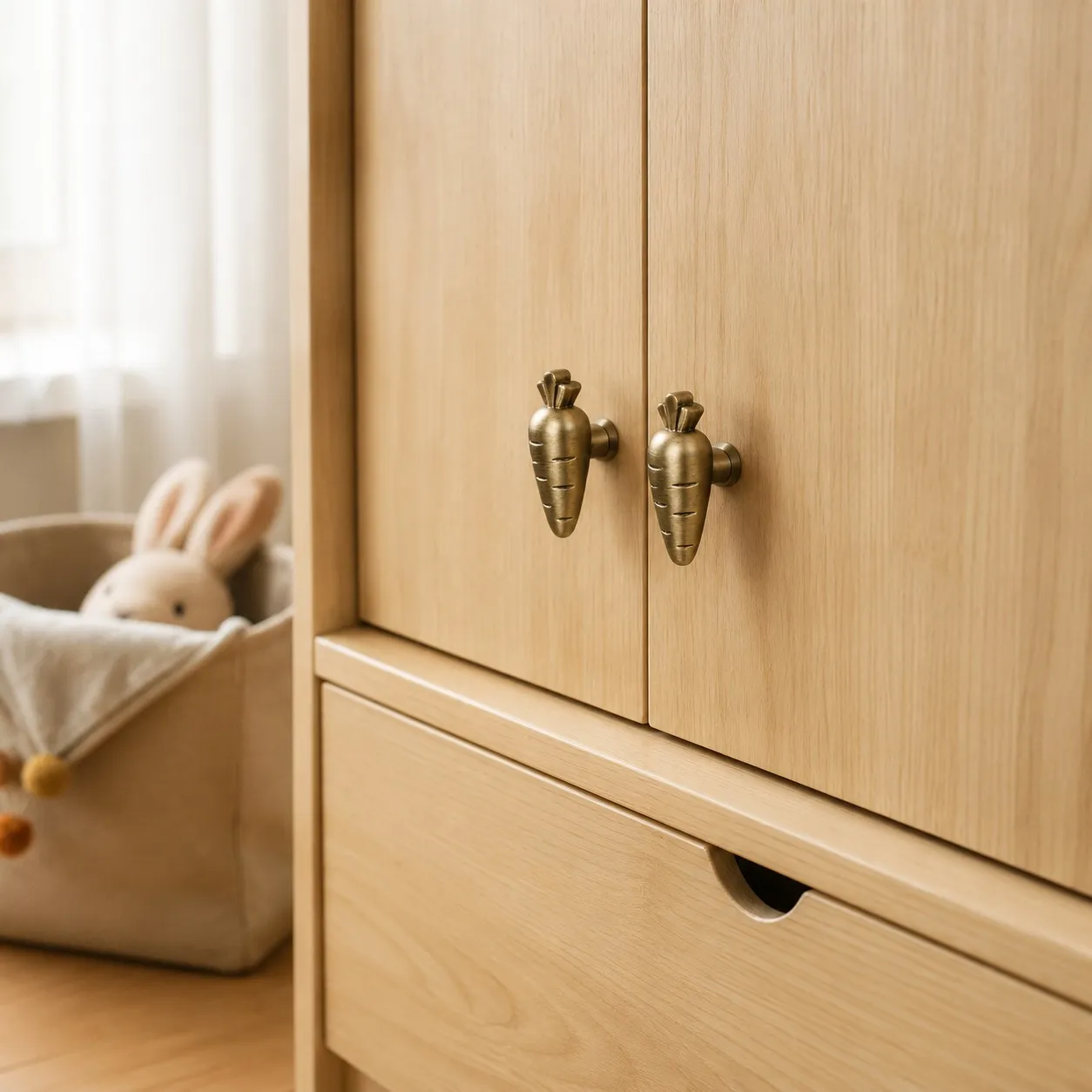 Rabbit and carrot cabinet knobs on a wooden wardrobe