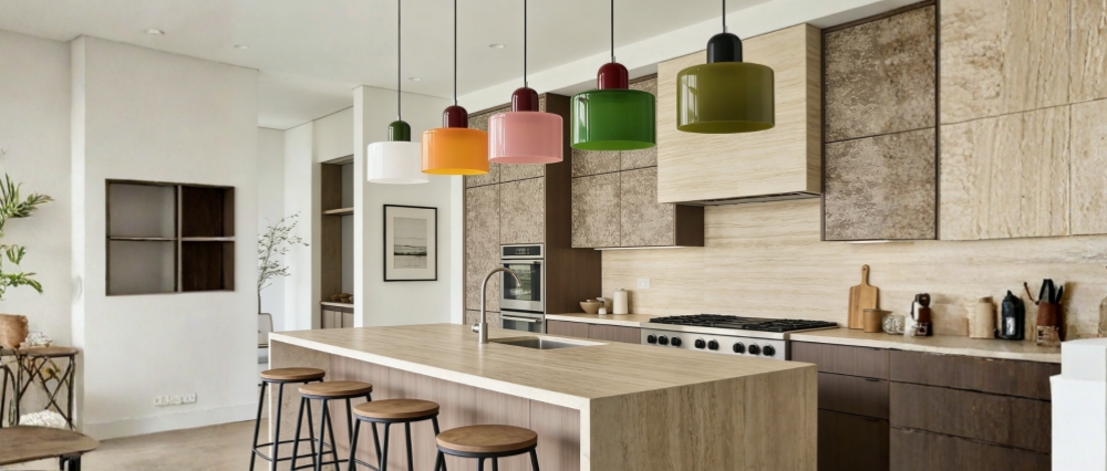 Morvella pendants in mixed body and shade colours over a kitchen island